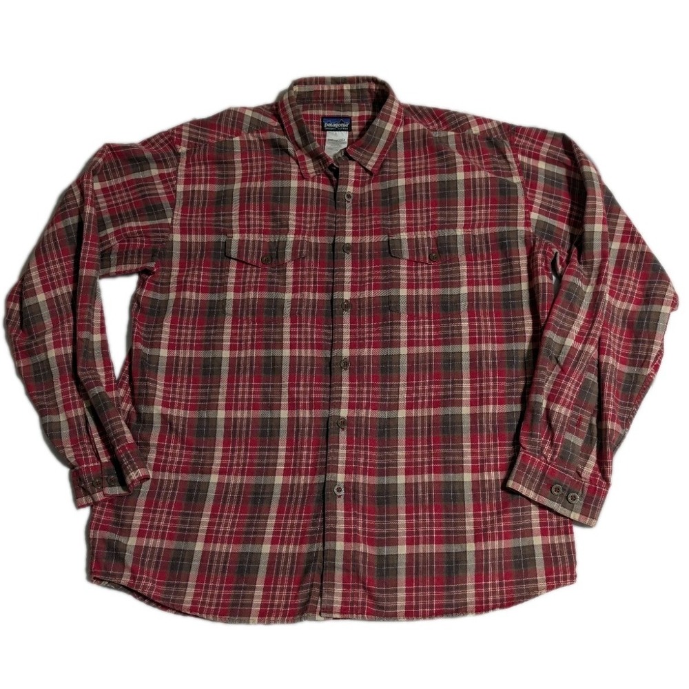 Patagonia Mens Organic Cotton Plaid Button Up Shirt Red Brown‎ Size Large